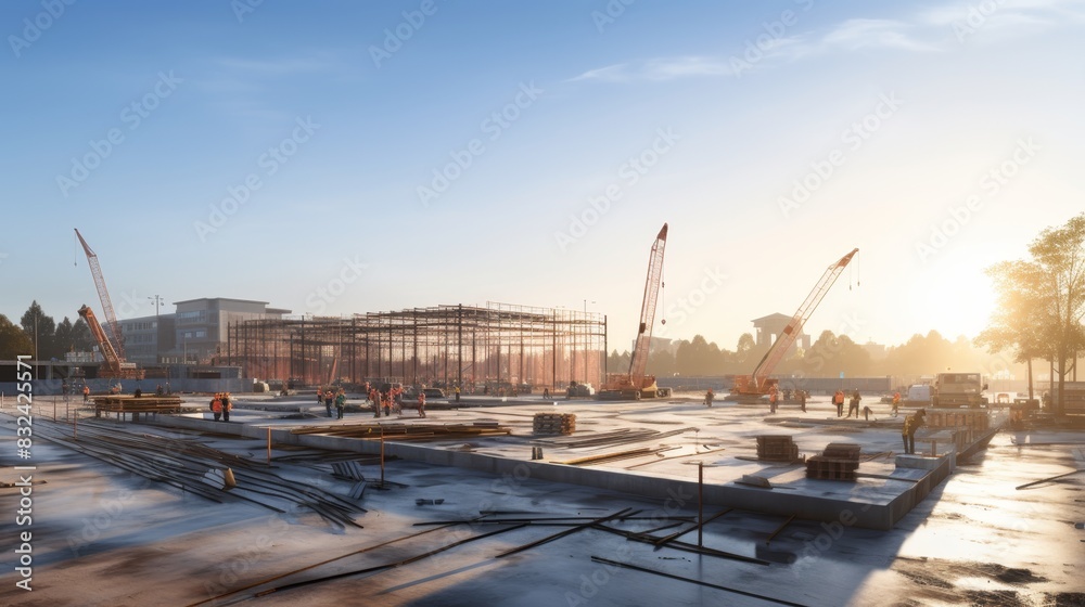 Fototapeta premium modern concrete and steel building construction site in morning