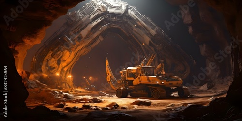 Unearthing a mysterious object or structure with an excavator in a fictional setting like an alien spaceship. Concept Fictional Excavation, Unearthing Secrets, Alien Discoveries, Sci-Fi Exploration photo