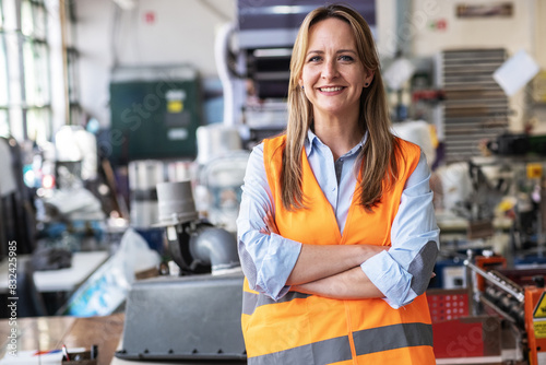 Foto The portrait of a female supervisor stands confidently on the factory line, overseeing the production process