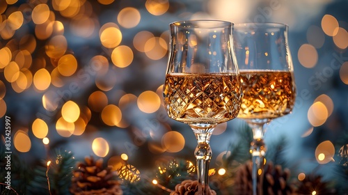 Detailed close-up of two crystal glasses toasting, fine glass details, elegant setting, soft bokeh lighting in the background, luxurious and sophisticated, high-definition image, 16:9 ratio 