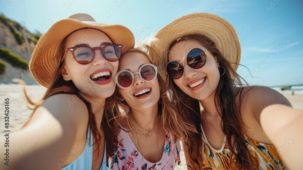 Selfie by phone of happy three cheerful beautiful girls friends in summer clothes on beach Selfie by phone of happy three cheerful beautiful girls friends in summer clothes on beach