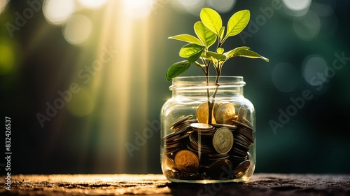 Coins in a jar with a sapling sprout, symbolizing financial growth and savings, illuminated by sunrise sunlight close up, investment planning, vibrant, overlay, natural backdrop photo