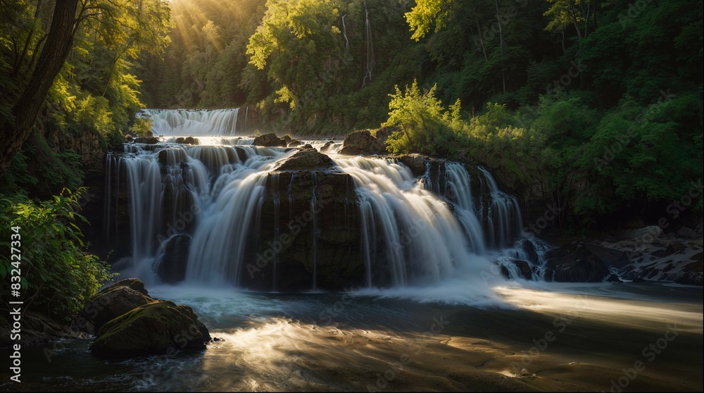 A waterfall flows into a river, causing a wake of water. A waterfall flows into a river, causing a wake of water.