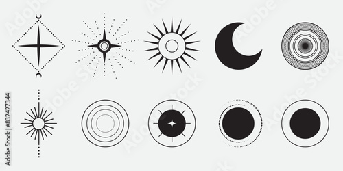 Mystical Sun and Star Icons: A versatile collection of circular sun and star icons in black on a white isolated background, ideal for use in branding, logos,  decorative elements with mysterious theme photo