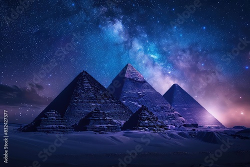 Pyramids under a starry night sky  with the Milky Way visible and casting a mystical glow  cool tones  photorealistic style 