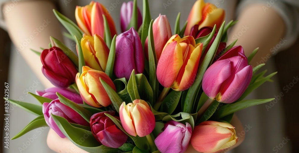 A woman tender grasp cradles a vivid array of tulips A woman tender grasp cradles a vivid array of tulips