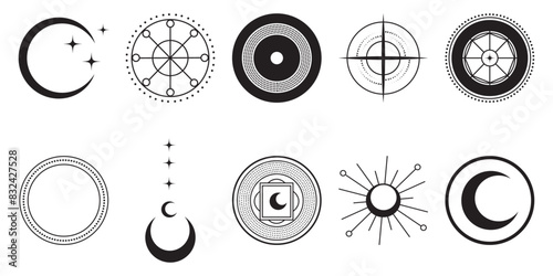 Astrological and Cosmic Icons Set: A diverse set of astrological and cosmic icons featuring sun and star motifs, suitable for use in esoteric, mystical, or spiritual-themed projects