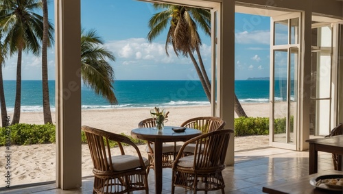 Beach view with palm trees and ocean  table by the sea