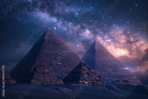 Pyramids under a starry night sky  with the Milky Way visible and casting a mystical glow  cool tones  photorealistic style 