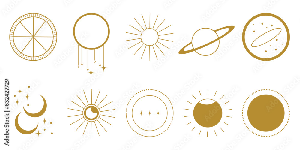 Icons set, golden mystical logo. Drawings for tattoos, boho design, astrology horoscope