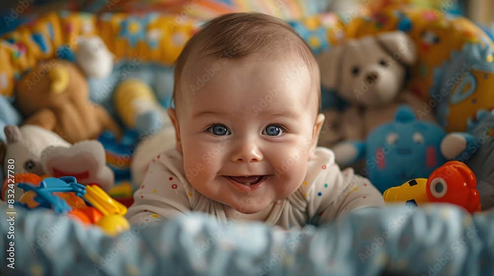 Joyful Baby Surrounded by Soft Toys in Playpen Delights with Giggles Joyful Baby Surrounded by Soft Toys in Playpen Delights with Giggles