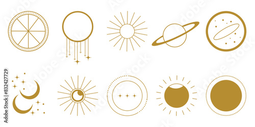 Icons set, golden mystical logo. Drawings for tattoos, boho design, astrology horoscope