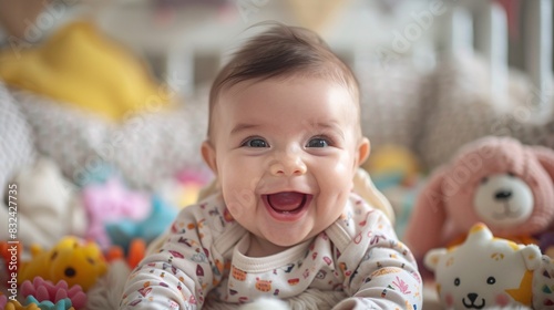 Joyful Baby Surrounded by Soft Toys in Playpen