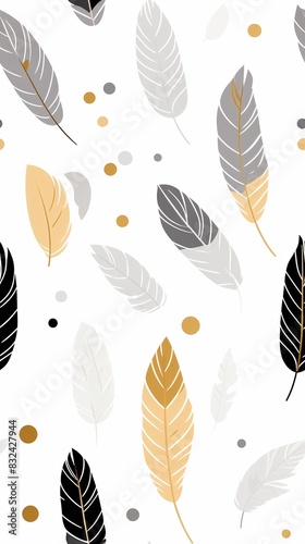 Seamless pattern with golden, black, and gray feathers on a white background. Perfect for textiles, wallpapers, and design projects. © tohceenilas