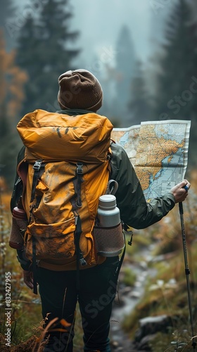 Hiker with backpack and map exploring forest trail on misty day, symbolizing adventure and nature exploration.