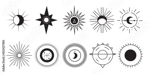 Mystical Sun and Moon Icons: A collection of black mystical symbols featuring sun and moon designs, perfect for use in esoteric, spiritual, or astrology-themed projects.