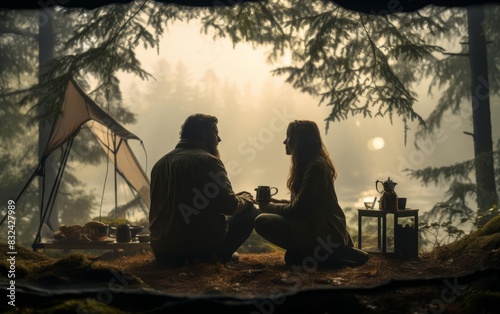 Couple enjoying a morning coffee outside their tent in the woods focus on tranquility  ethereal  double exposure  misty forest backdrop