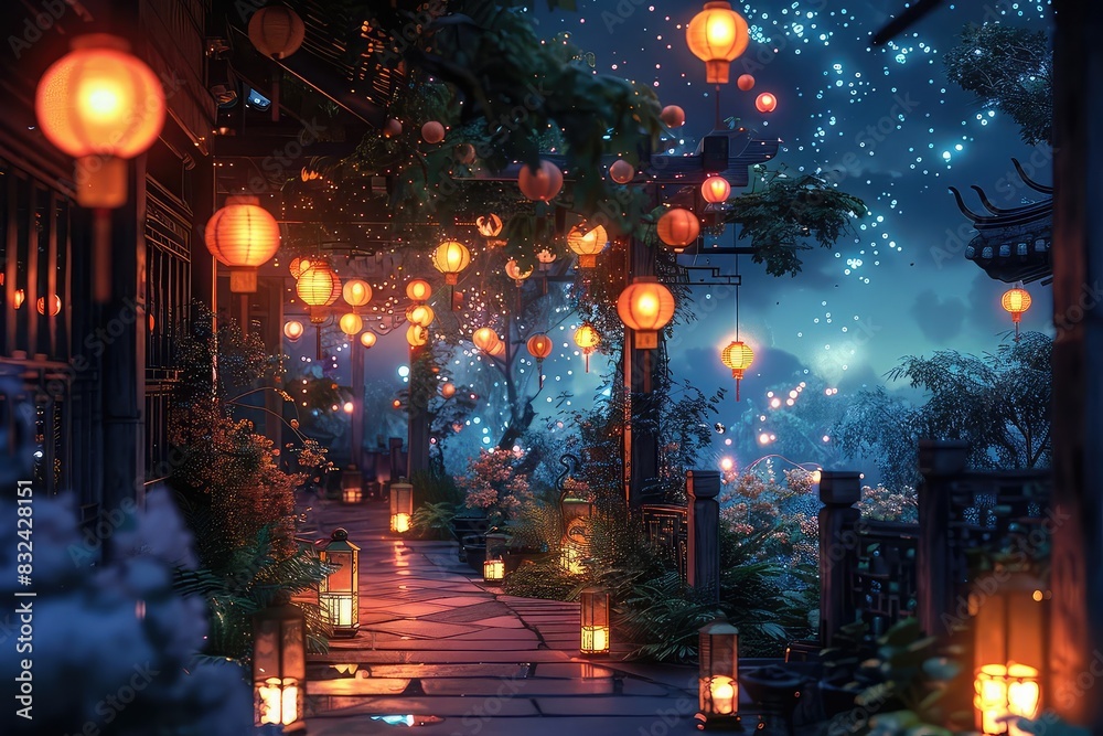 Rooftop garden at night with glowing lanterns and a starry sky, soft pastel colors, realistic, digital painting, peaceful and enchanting,