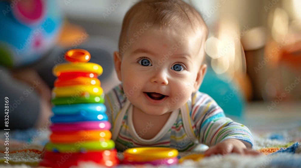 Obraz premium Loving Parent Encouraging Infant During Stacking Rings Playtime