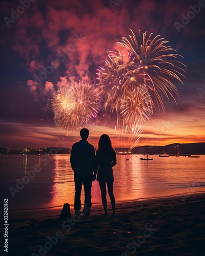 Couple holding hands while watching fireworks on the Fourth of July selective focus, romantic celebration, dynamic, manipulation, beach backdrop