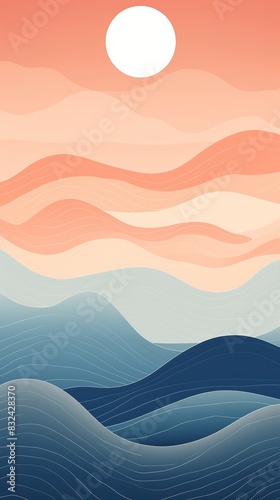 Abstract landscape artwork featuring wavy ocean layers and a rising sun. Modern, minimalist design with soothing blue and peach tones.