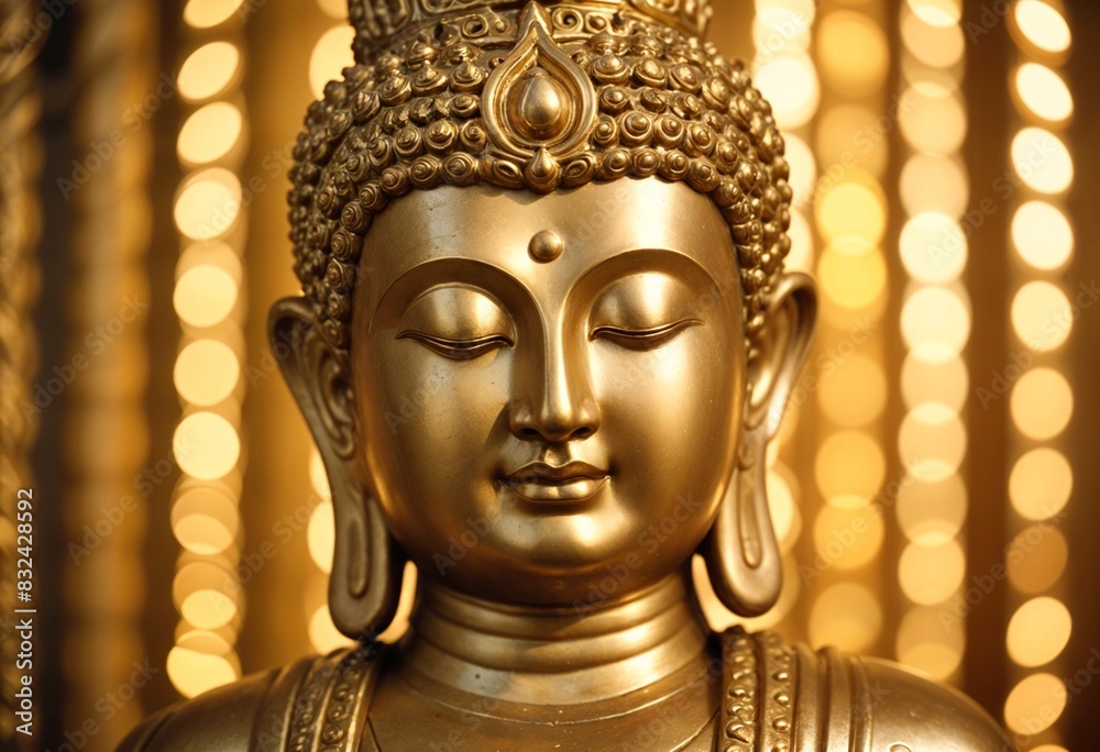 close up, golden, statue, sculpture, Buddha, shining, face on a light background with highlights, light. the concept of religion and cultural diversity close up, golden, statue, sculpture, Buddha, shining, face on a light background with highlights, light. the concept of religion and cultural diversity