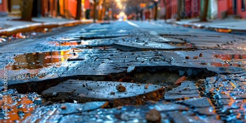 City street with multiple potholes in need of repair. Concept Road Maintenance, Infrastructure Issues, Pothole Repair, Urban Development photo
