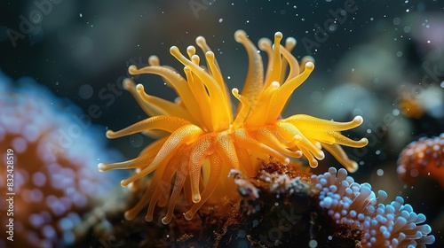 Close-up of a vibrant orange coral with tentacles extended, captured in an underwater marine environment with colorful soft corals in the background. © LittleDreamStocks