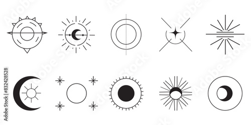 Astrology symbol set: a versatile assortment of abstract celestial icons, including sunbursts and moon phases, designed for astrology-themed projects and spiritual artwork.