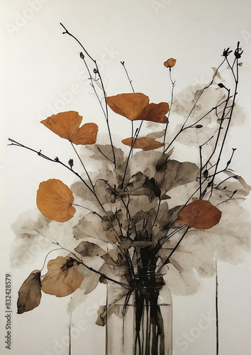 Traditional chinese Ink painting vintage poster. Autumn leaves and branches.