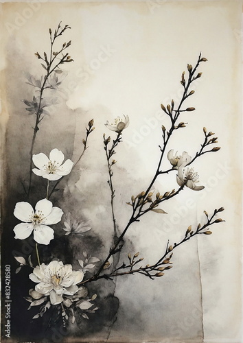 Traditional chinese Ink painting vintage poster. flowers and branches.