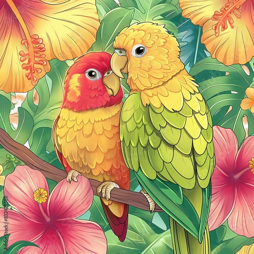 Two Colorful Parrots Perched on a Branch in a Tropical Jungle