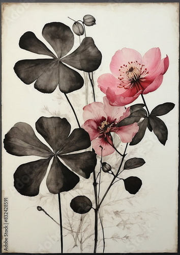 Traditional chinese Ink painting vintage poster. Flowers, leaves and branches.