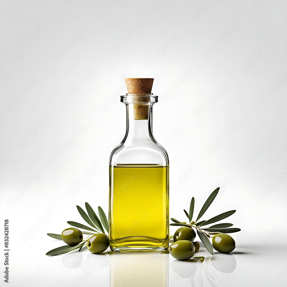 A bottle of olive oil with olives nearby. Isolated on white background. Perfect for culinary projects and packaging design A bottle of olive oil with olives nearby. Isolated on white background. Perfect for culinary projects and packaging design