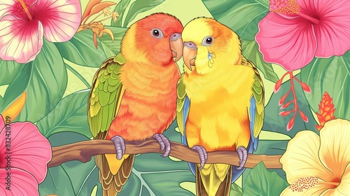 Two Colorful Parrots Perched on a Branch in a Tropical Jungle