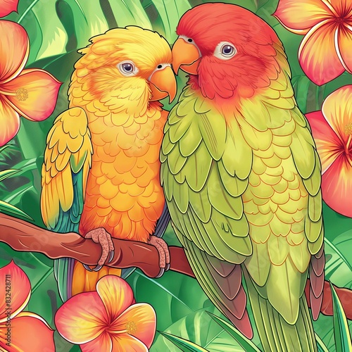 Two Colorful Parrots Perched on a Branch in a Tropical Jungle