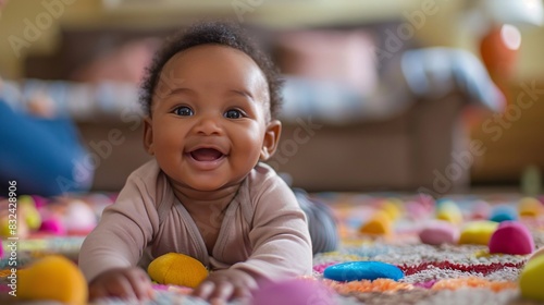 Adorable Baby Delighting in Tummy Time, Gazing and Grinning at Parent