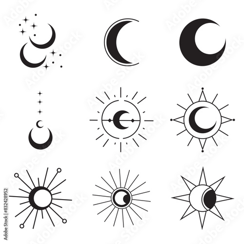 Celestial geometric designs: a set of intricate black geometric icons of sun and moon motifs, ideal for cosmic and mystical branding or decorative purposes.