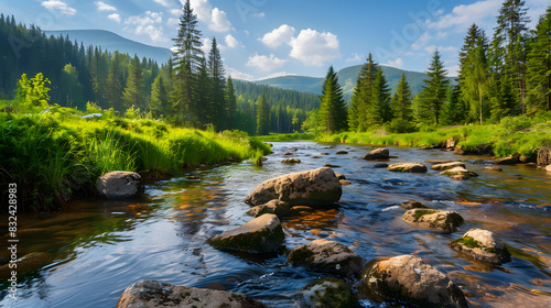 River flows through the valley of carpathian mountains. shallow water reveals stones. synevyr national park of ukraine. beautiful landscape in spring on an sunny morning isolated on white background,  photo