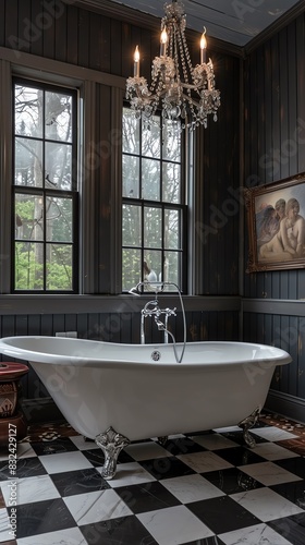 Elegant vintage bathroom with clawfoot bathtub  chandelier  and checkered floor tiles  creating a classic and luxurious atmosphere.
