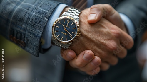 Professional close-up of a business handshake, intricate hand details, stylish watches, signed contract partially visible in the foreground, blurred office setting, conclusive and high-resolution.