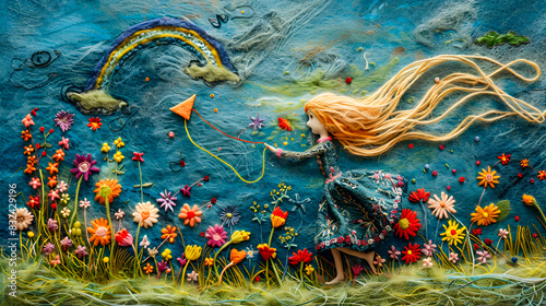 Girl Flying a Kite in a Blooming Field with a Rainbow and Blue Sky
