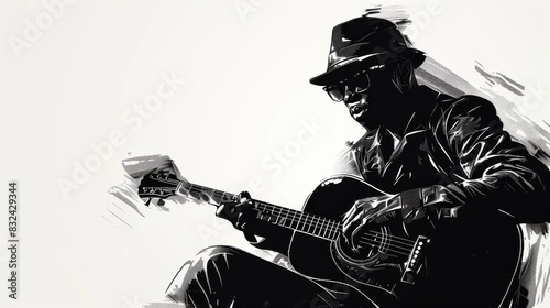 Black and white portrait of a blues musician playing guitar