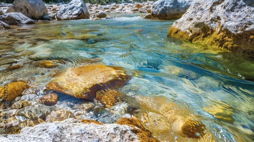 Mountain stream with clear, flowing water, illustrating pristine natural environments and water conservation