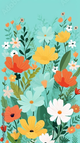 Colorful floral illustration with vibrant flowers and leaves on a light blue background, perfect for spring and summer designs.