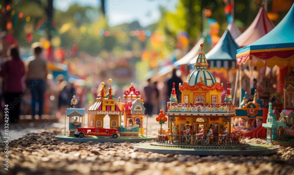 Naklejka premium Crowd enjoying carnival games at an amusement park selective focus, playful atmosphere, dynamic, manipulation, midway backdrop