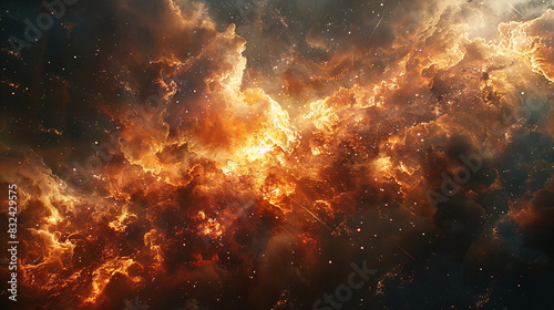 Abstract artwork of a fiery explosion in space  illustrating a scene from a science fiction game or movie