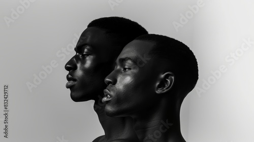 Profile of attractive emotionless afro-american young men standing straight looking forward. portrait of black men looking to the side. copy space. white isolated background photo