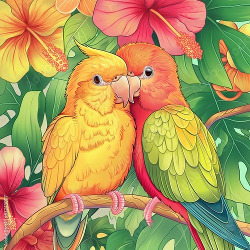 Two Colorful Parrots Perched on a Branch in a Tropical Jungle