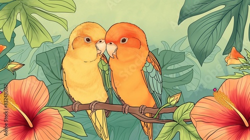 Two Colorful Parrots Perched on a Branch in a Tropical Jungle